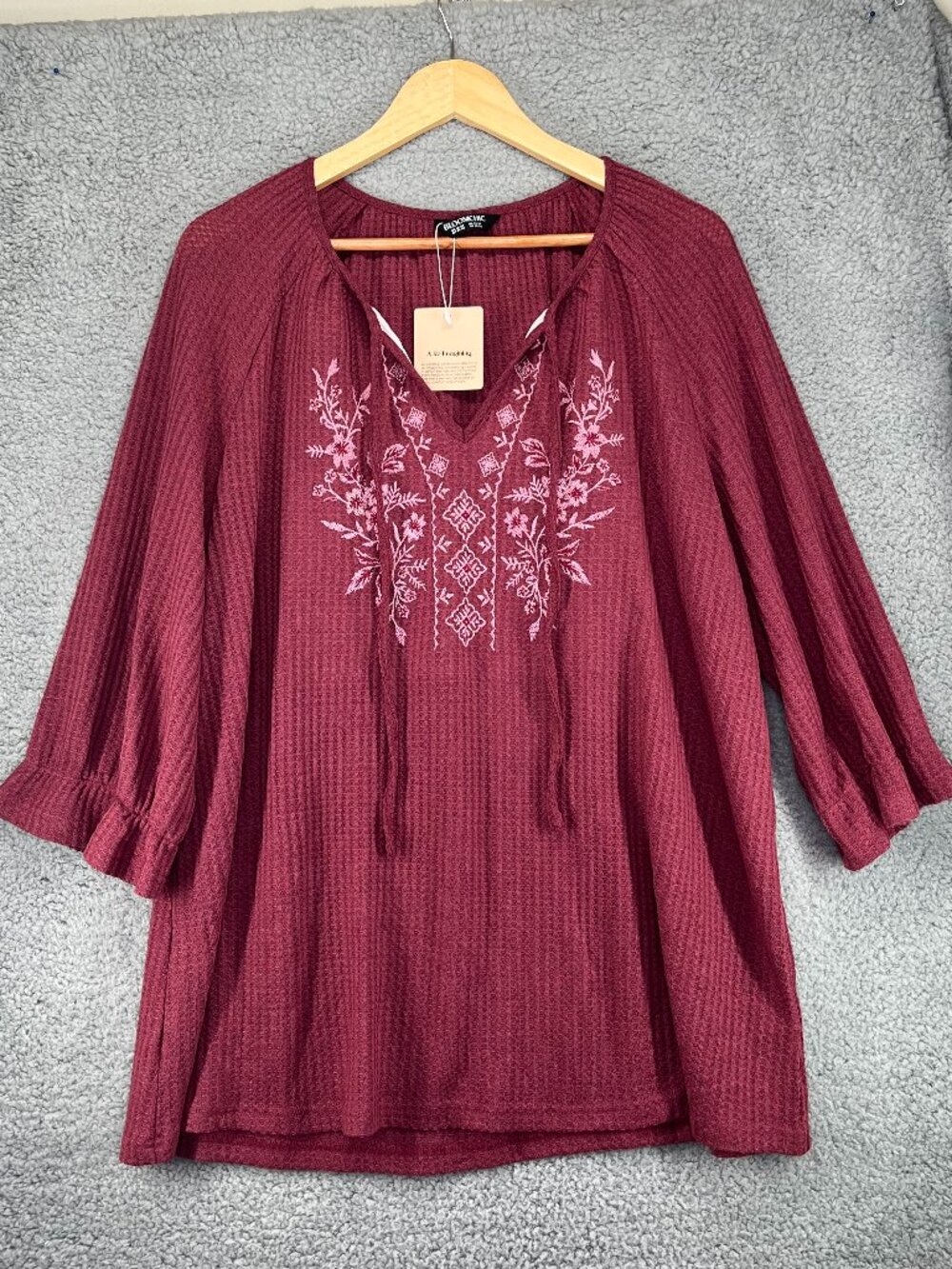 BloomChic 18/20 Burgundy Embroidered Boho Peasant Top NWT